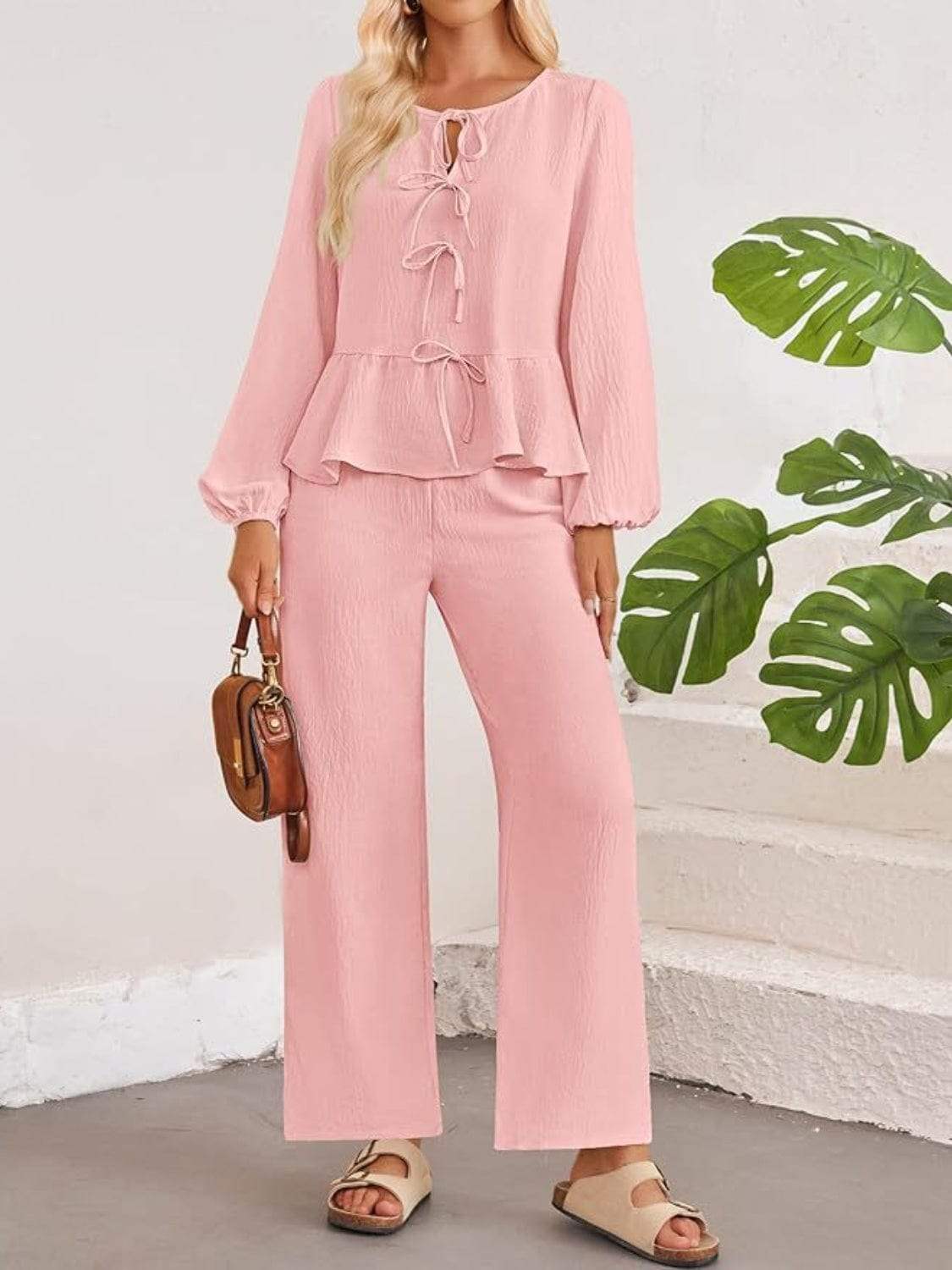 Tie Neck Balloon Sleeve Top and Pants Set - Trendsi - Flyclothing LLC