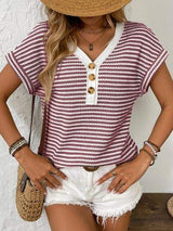 Striped V-Neck Short Sleeve T-Shirt - Trendsi - Flyclothing LLC