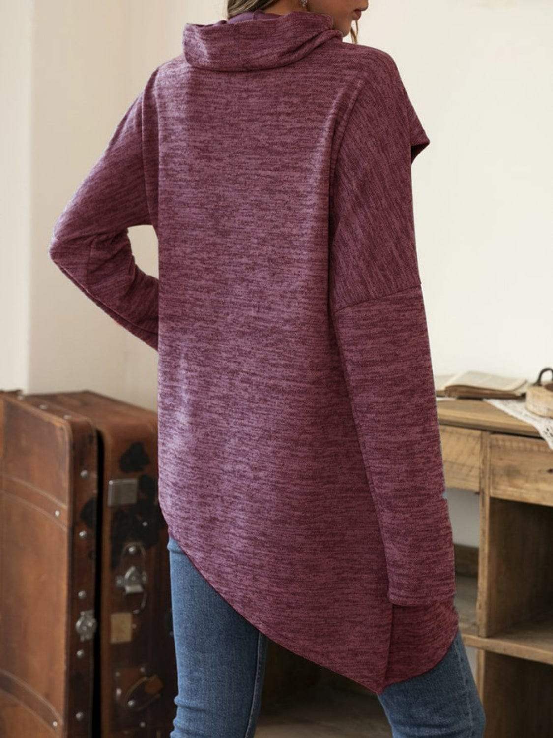 Asymmetrical Hem Cowl Neck Long Sleeve T-Shirt - Trendsi - Flyclothing LLC