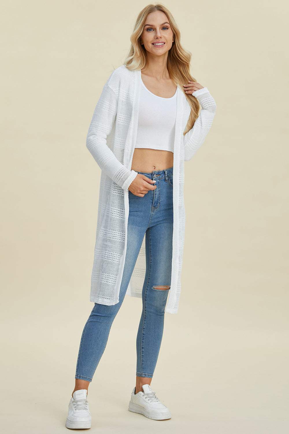 Double Take Full Size Open Front Longline Cardigan - Trendsi - Flyclothing LLC