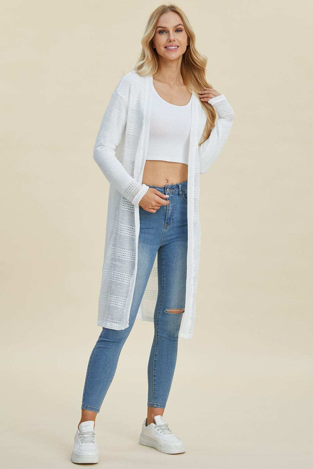 Double Take Full Size Open Front Longline Cardigan - Trendsi - Flyclothing LLC