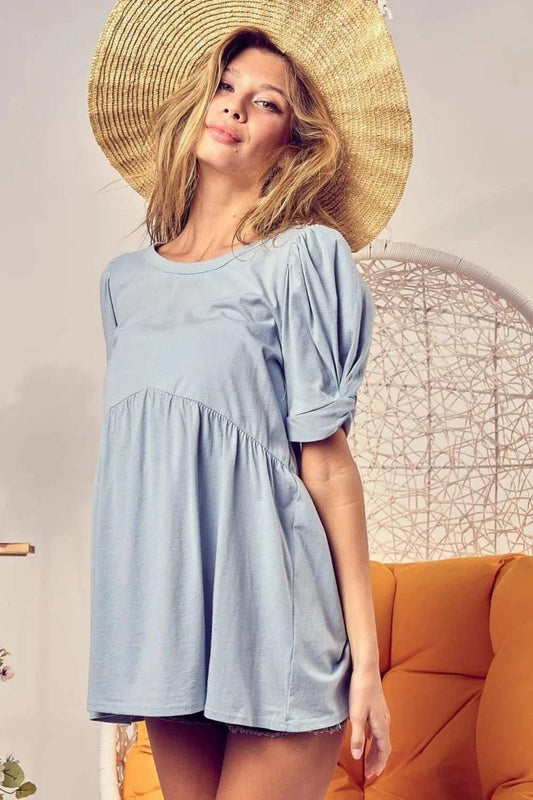 BiBi Cotton Span Knit with Puff Sleeve Baby Doll Top - Trendsi - Flyclothing LLC