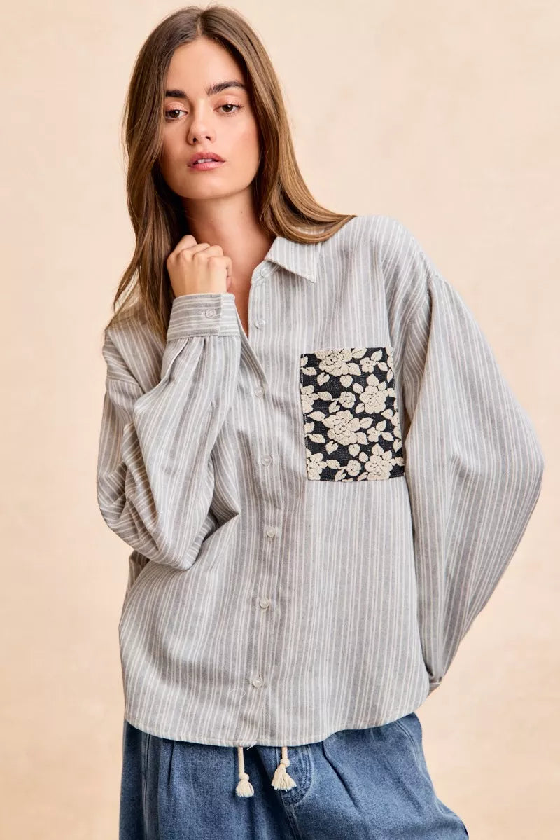 BiBi Flower Jacquard Knit Patch Pocket Stripe Shirt - Trendsi - Flyclothing LLC