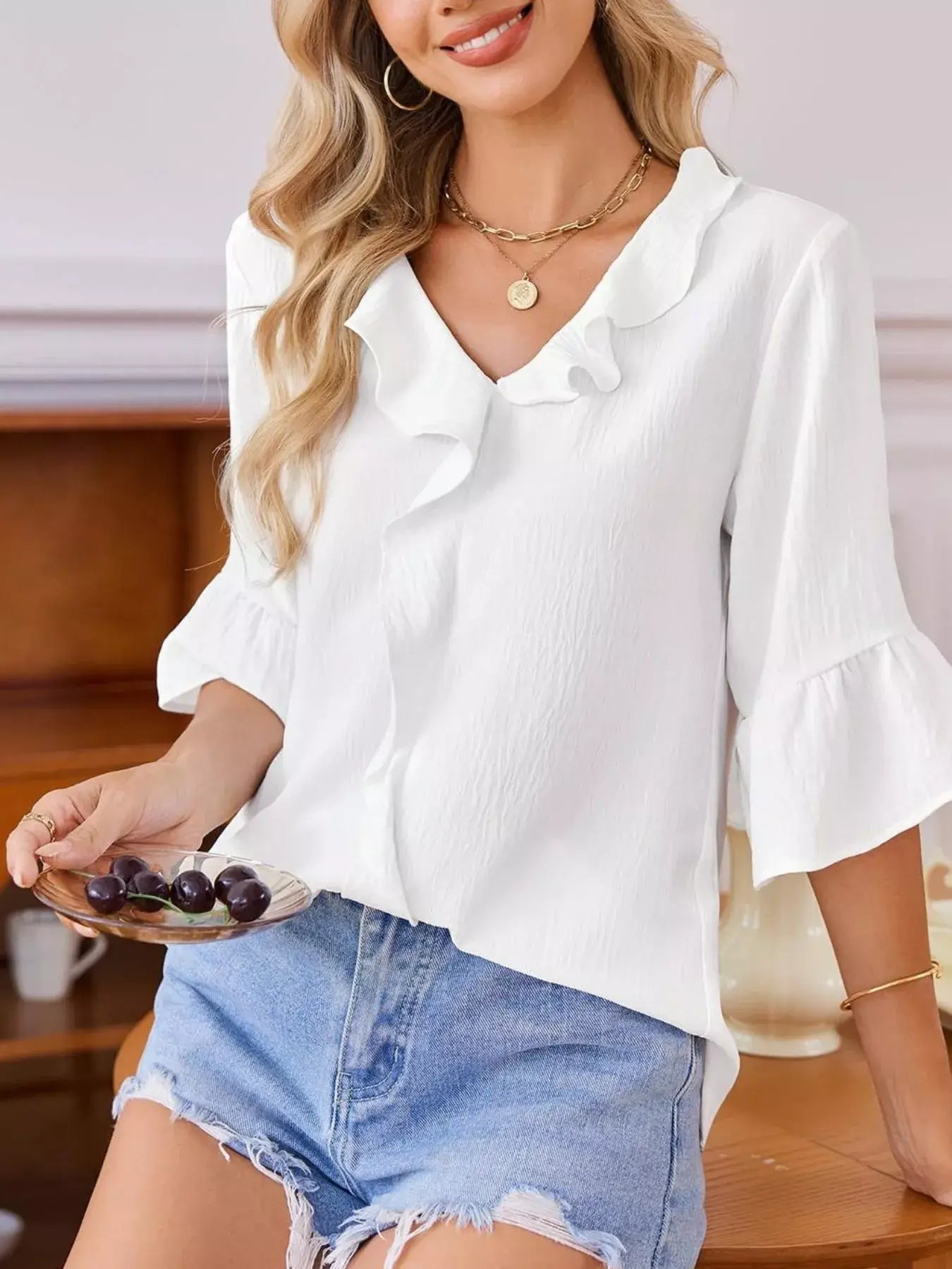 Ruffled Flounce Sleeve Blouse - Trendsi - Flyclothing LLC