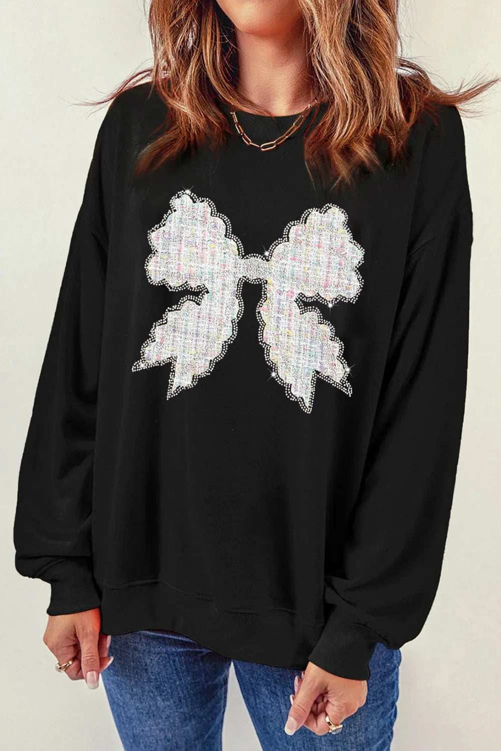Contrast Bow Round Neck Long Sleeve Sweatshirt - Trendsi - Flyclothing LLC