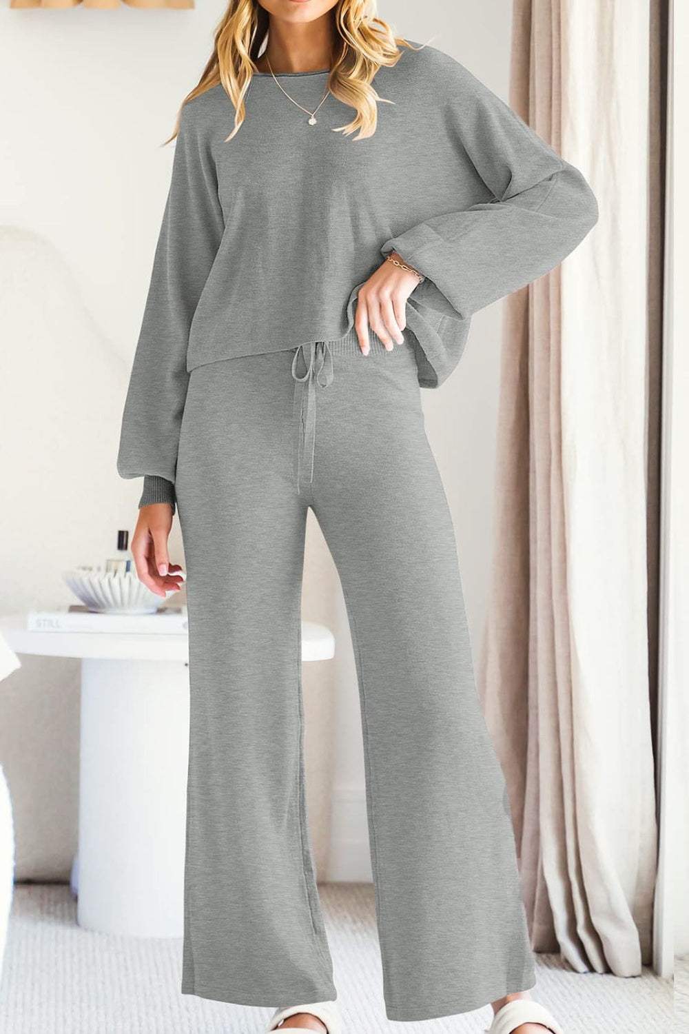 Round Neck Long Sleeve Top and Pants Set - Trendsi - Flyclothing LLC
