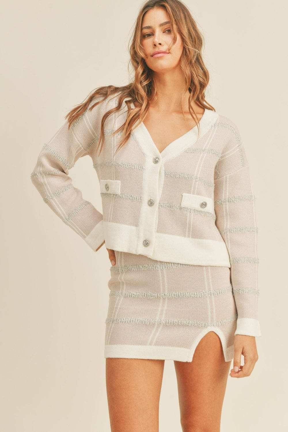 MABLE Plaid Button Down Sweater Cardigan and Mini Skirt Set - Trendsi - Flyclothing LLC