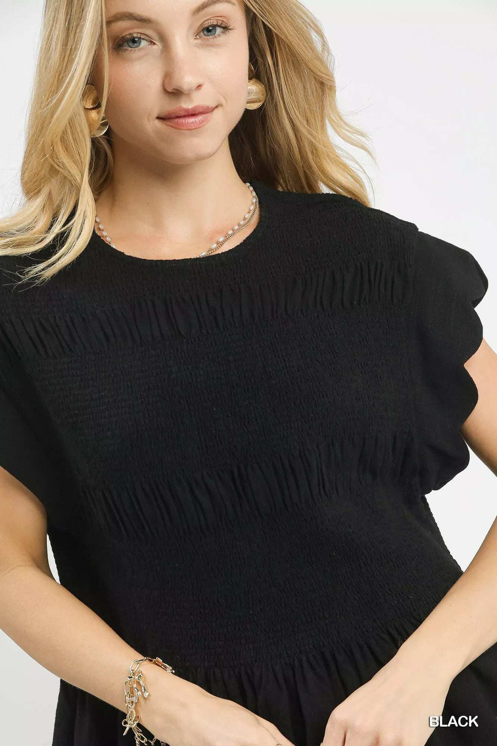 Umgee Linen Blend Smocked Peplum Blouse - Trendsi - Flyclothing LLC