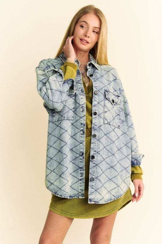 Davi & Dani Curved Hem Diamond Quilted Button Up Denim Shacket - Trendsi - Flyclothing LLC