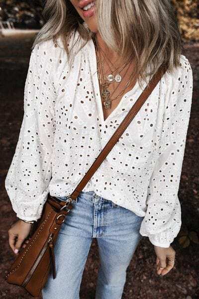 Eyelet V-Neck Long Sleeve Blouse - Trendsi - Flyclothing LLC