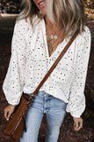 Eyelet V-Neck Long Sleeve Blouse - Trendsi