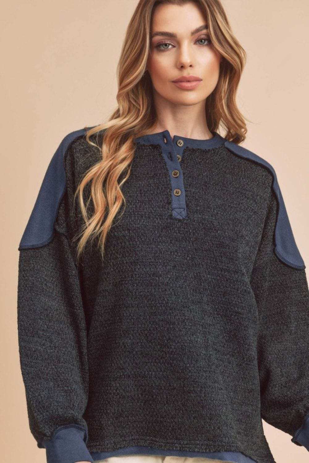 Aemi + Co Side Slit Button Detail Contrast Shoulder Sweatshirt - Trendsi - Flyclothing LLC