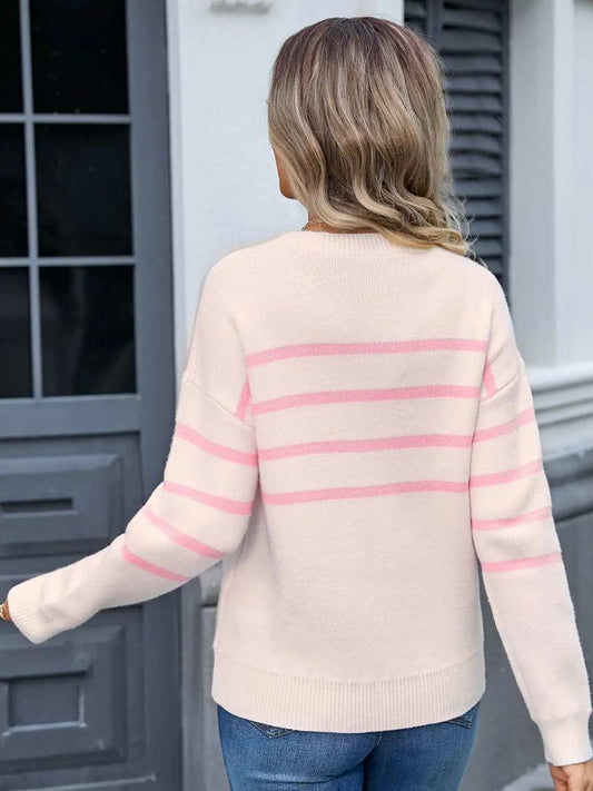 Striped Round Neck Long Sleeve Sweater - Trendsi - Flyclothing LLC