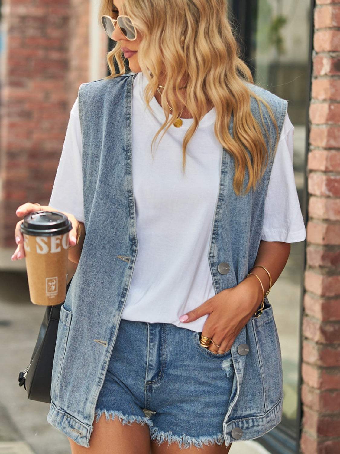 Full Size V-Neck Button Up Denim Vest - Trendsi - Flyclothing LLC