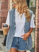 Full Size V-Neck Button Up Denim Vest - Trendsi - Flyclothing LLC