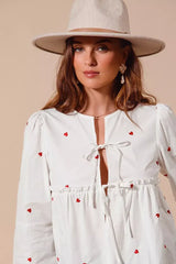 SO ME Front Tie Heart Embroidered Blouse With Puff Sleeve - Trendsi - Flyclothing LLC