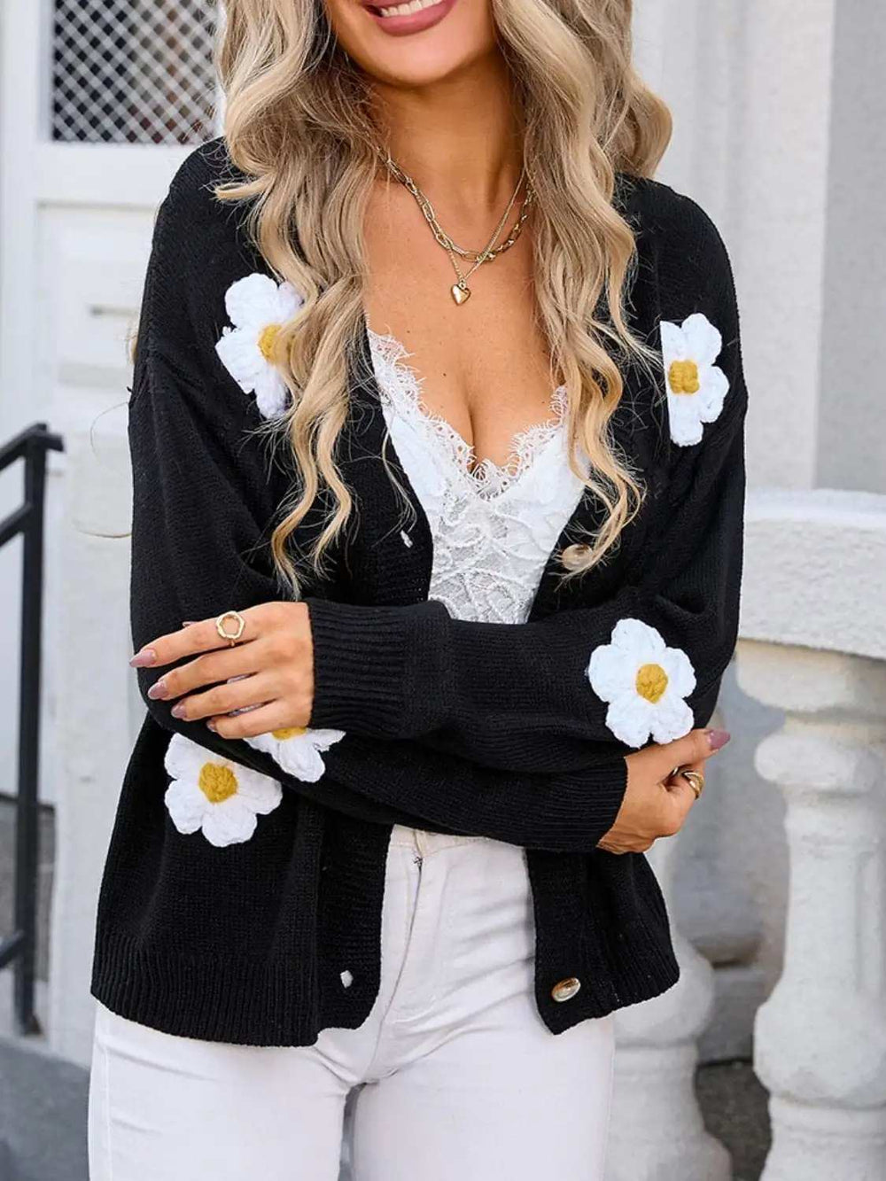 Crochet Flower Button Up Cardigan - Trendsi - Flyclothing LLC