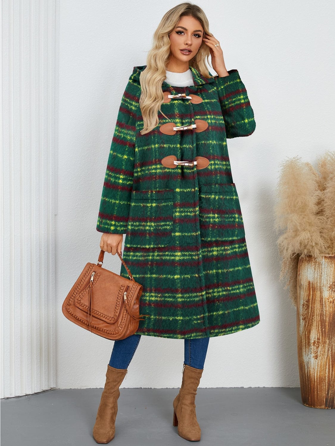 Plaid Long Sleeve Hooded Coat with Pockets - Trendsi