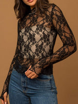 Lace Mock Neck Long Sleeve Top - Trendsi - Flyclothing LLC