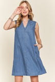 ADORA Notched Sleeveless Denim Dress with Pockets - Trendsi