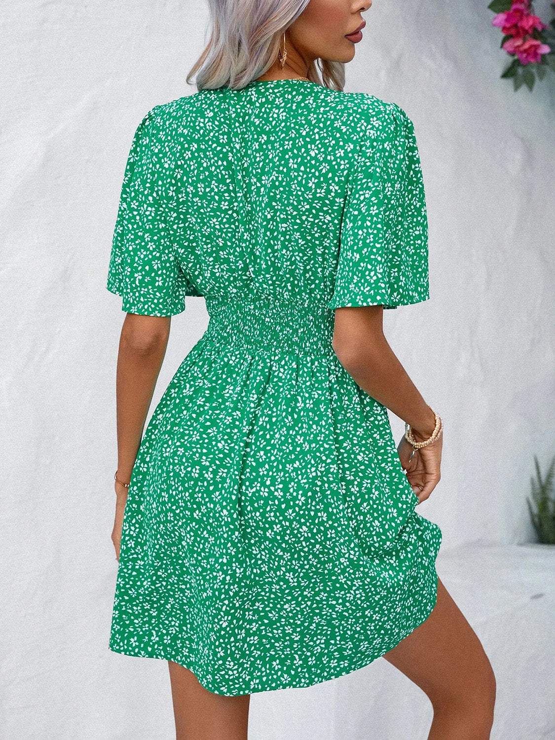 Printed V-Neck Half Sleeve Mini Dress - Trendsi - Flyclothing LLC