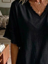 Full Size Frayed Edge V-Neck Blouse Plus Size - Trendsi - Flyclothing LLC