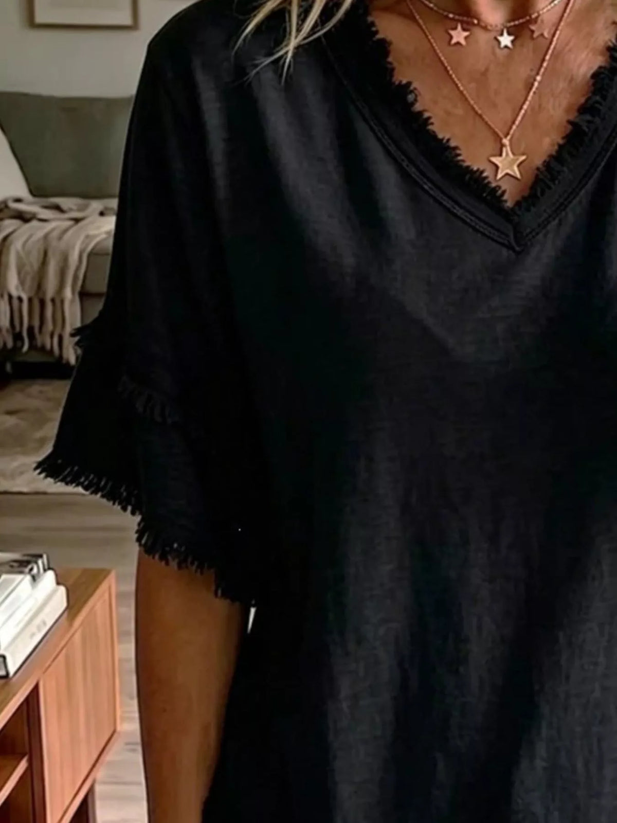 Full Size Frayed Edge V-Neck Blouse Plus Size - Trendsi - Flyclothing LLC