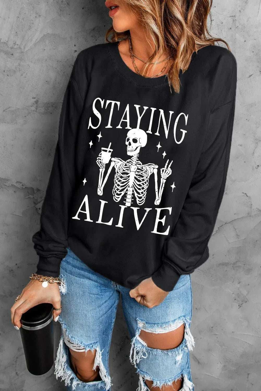 Skull Graphic Round Neck Long Sleeve Sweatshirt - Trendsi - Flyclothing LLC