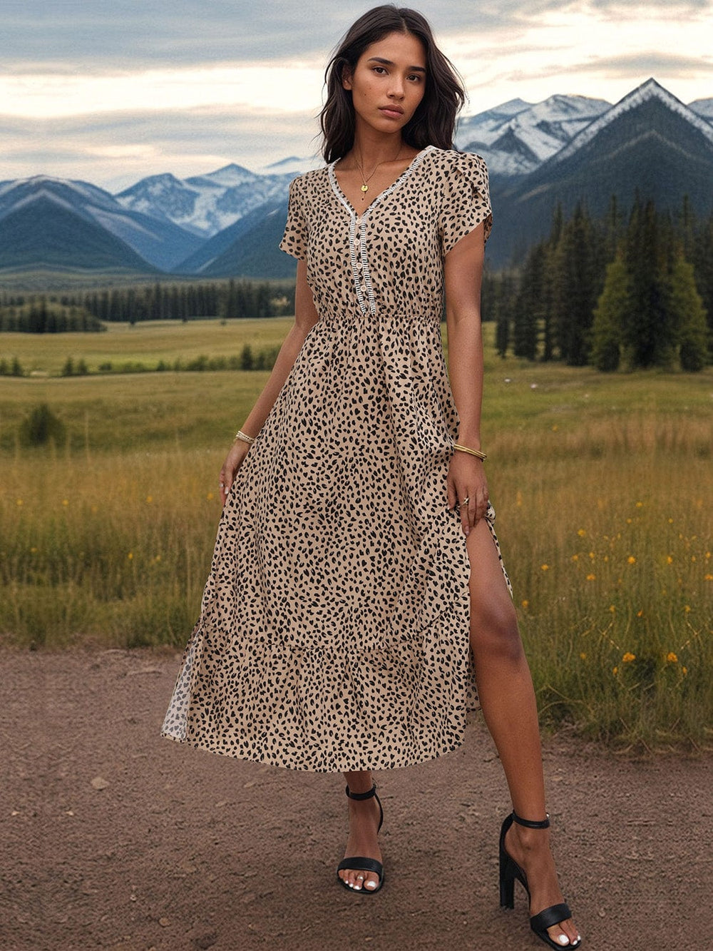 Slit Printed V-Neck Short Sleeve Dress - Trendsi