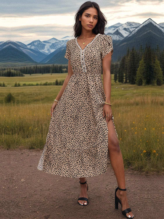Slit Printed V-Neck Short Sleeve Dress - Trendsi - Flyclothing LLC