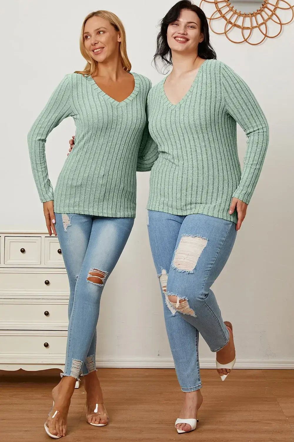 Basic Bae Full Size Ribbed V-Neck Long Sleeve T-Shirt - ShopBasicbae - Flyclothing LLC