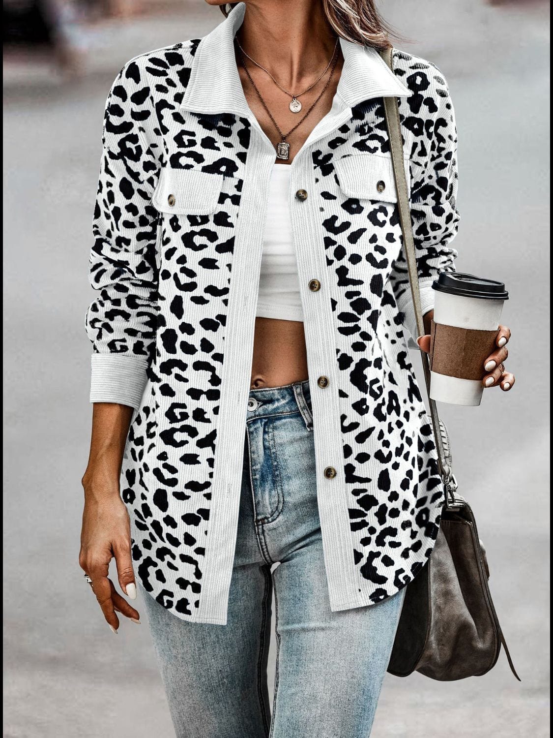 Full Size Leopard Collared Neck Button Up Long Sleeve Jacket - Trendsi