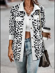Full Size Leopard Collared Neck Button Up Long Sleeve Jacket - Trendsi