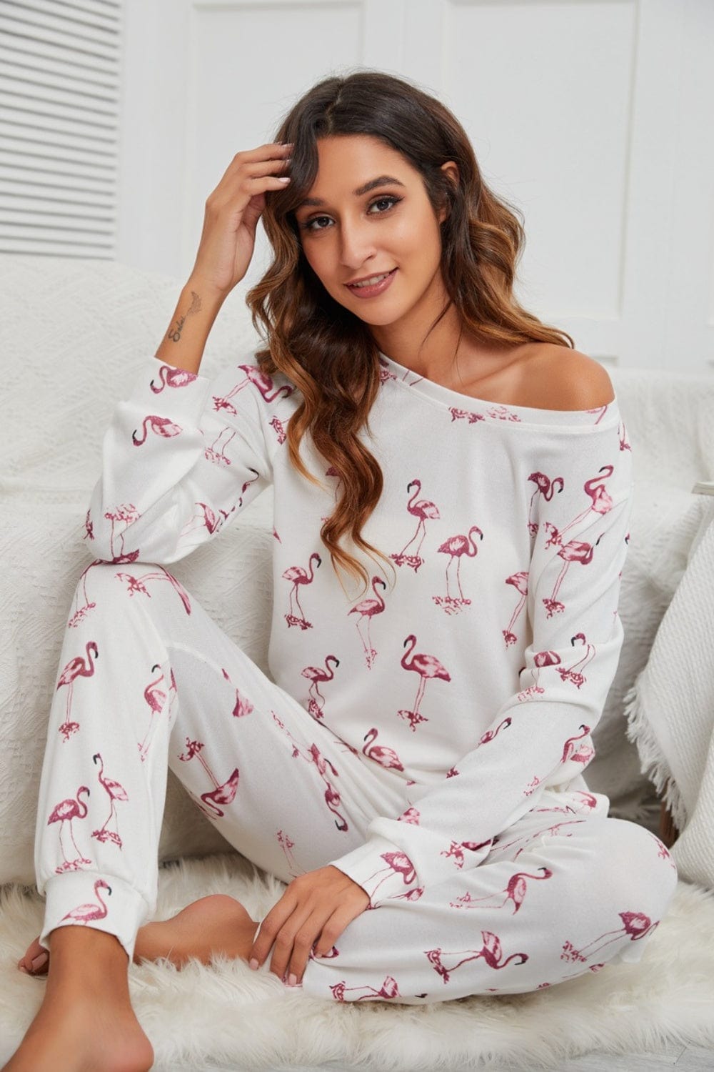 Flamingo Long Sleeve Top and Pants Lounge Set - Trendsi
