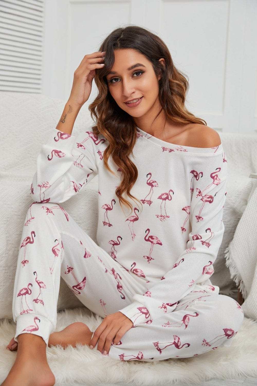 Flamingo Long Sleeve Top and Pants Lounge Set - Trendsi - Flyclothing LLC
