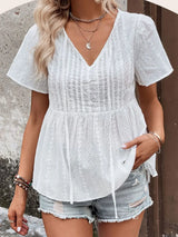 Perfee Eyelet V-Neck Short Sleeve Blouse - Trendsi - Flyclothing LLC