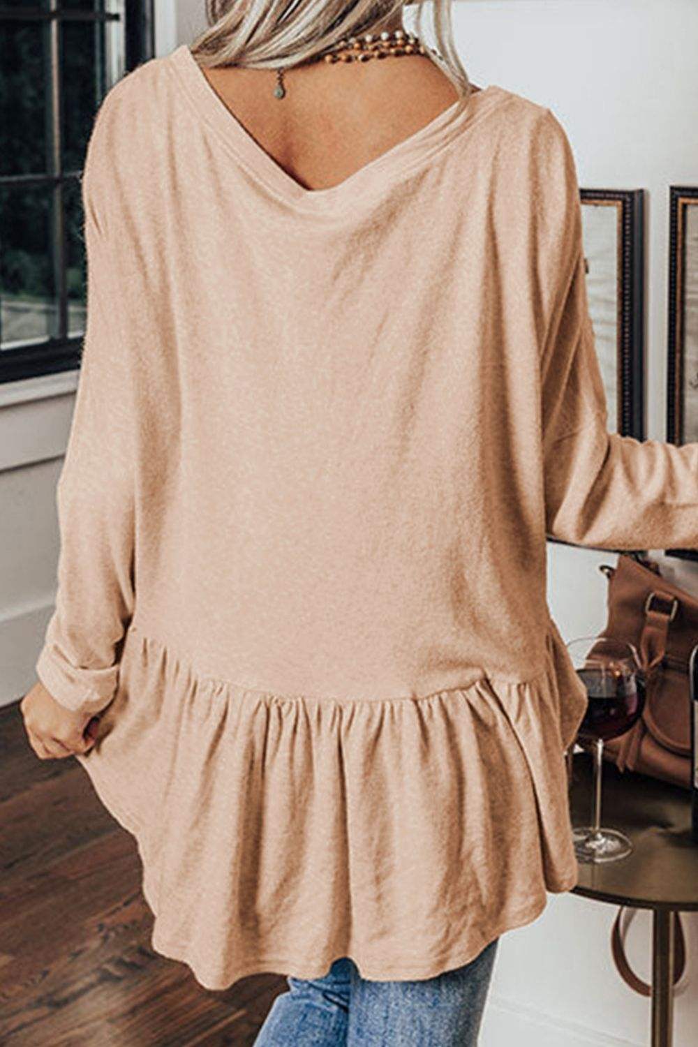 Curved Hem V-Neck Long Sleeve Top - Trendsi - Flyclothing LLC