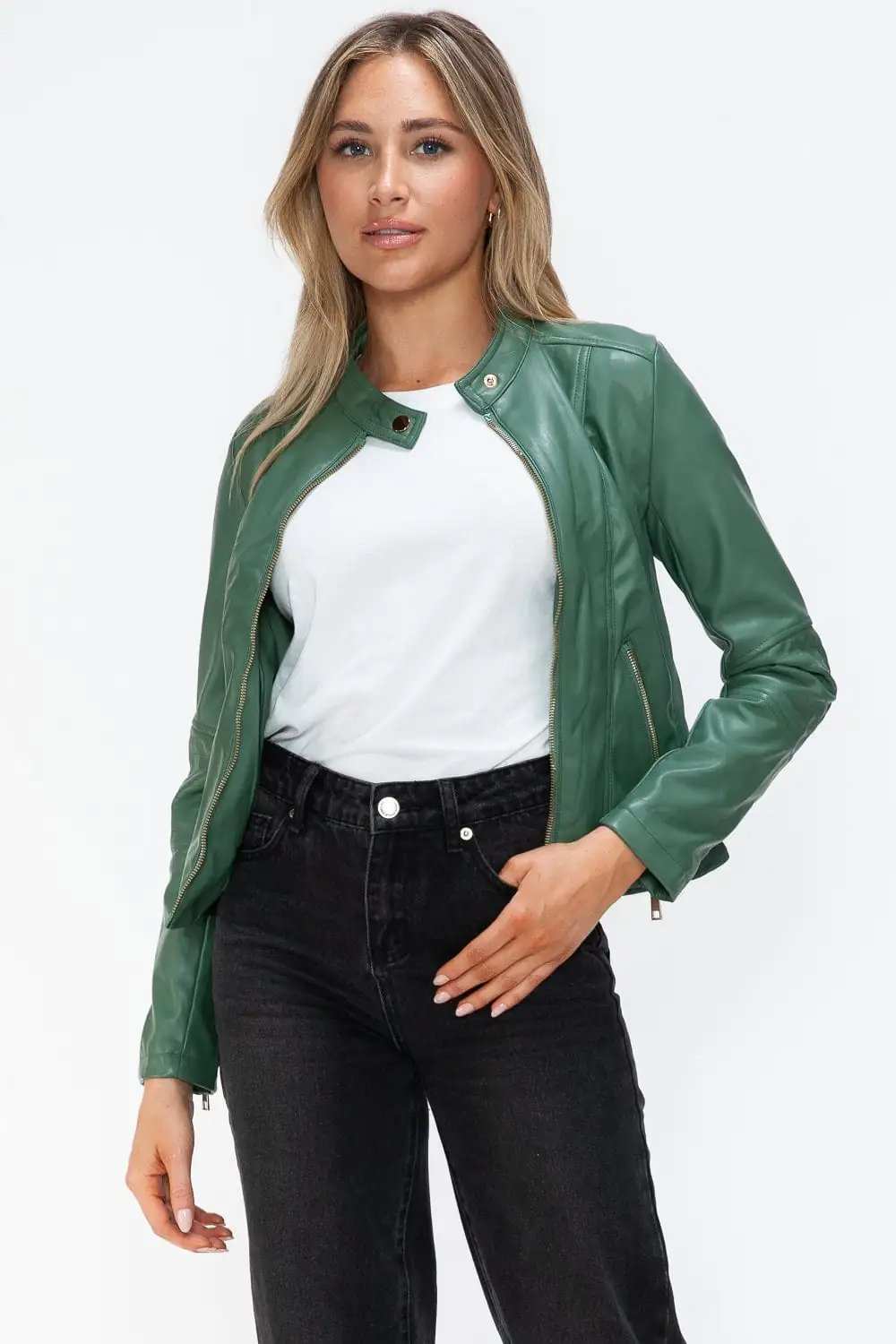 Snobbish Faux Leather Zip Up Drawstring Hooded Jacket - Trendsi - Flyclothing LLC