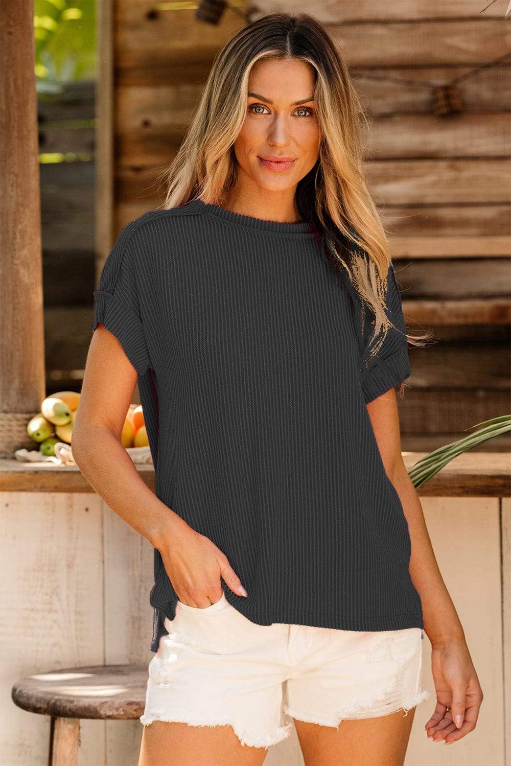 Exposed Seam Round Neck Short Sleeve T-Shirt - Trendsi - Flyclothing LLC