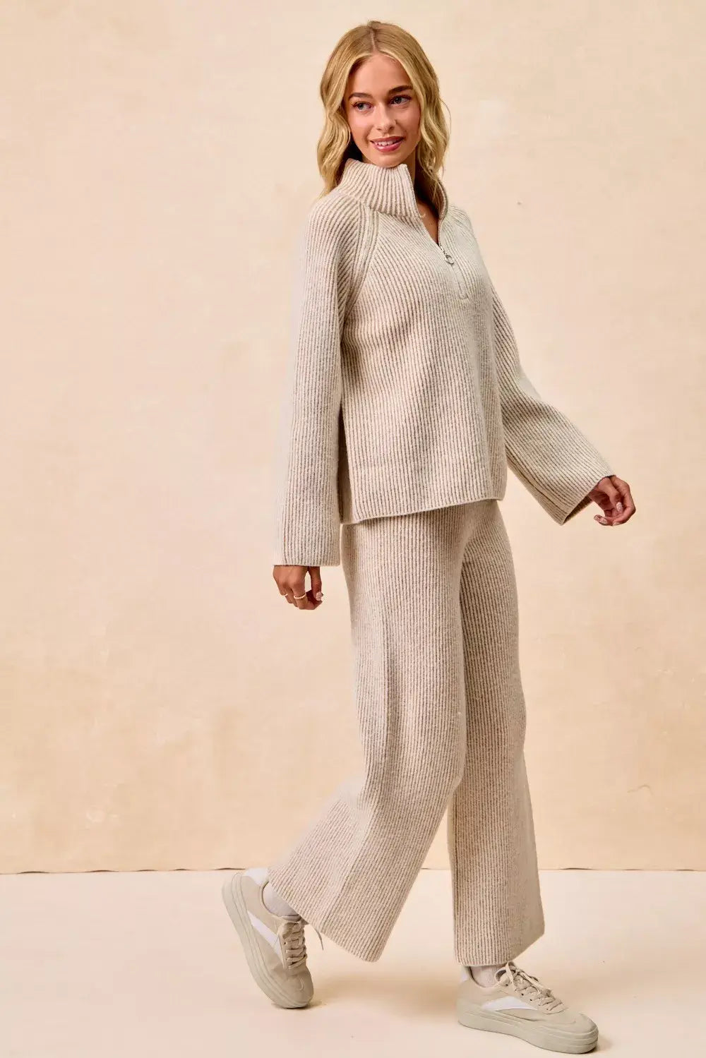 BiBi Two Tone Rib Texured Knit Collared Top with Zip Up - Trendsi - Flyclothing LLC