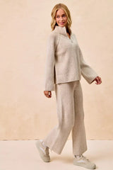 BiBi Two Tone Rib Texured Knit Collared Top with Zip Up - Trendsi - Flyclothing LLC