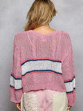 POL V-Neck Striped Pattern Cropped Knit Top with Cable Knit Detail - Trendsi - Flyclothing LLC