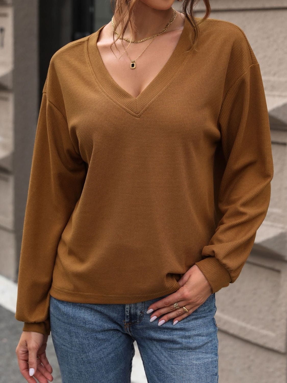 Perfee V-Neck Long Sleeve Top - Trendsi