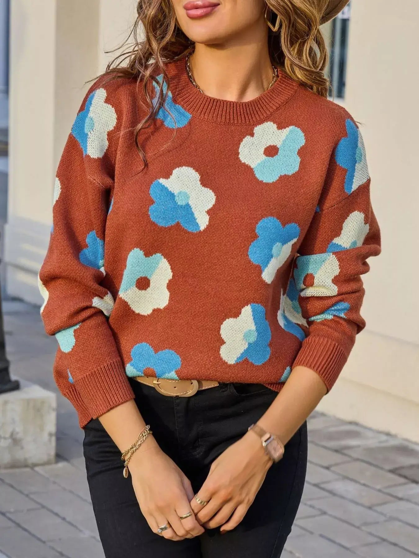 Floral Crew Neck Long Sleeve Sweater - Trendsi - Flyclothing LLC