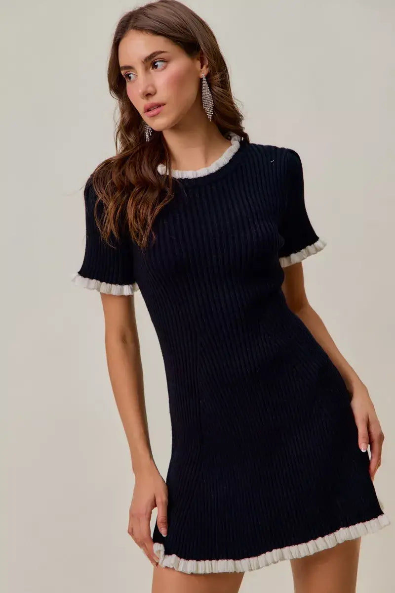 SO ME Contrast Ruffled Sweater Knit Mini Dress - Trendsi - Flyclothing LLC