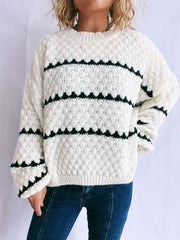 Contrast Stripes Round Neck Long Sleeve Sweater - Trendsi