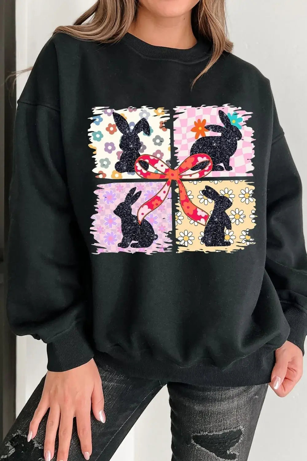 Floral Bunny Plaid Bow Graphic Easter Sweatshirt - Trendsi - Flyclothing LLC