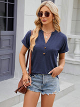 Decorative Button Notched Short Sleeve T-Shirt - Trendsi - Flyclothing LLC
