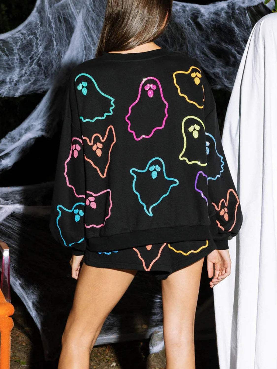 Ghost Printed Round Neck Long Sleeve Top and Shorts Set - Trendsi - Flyclothing LLC