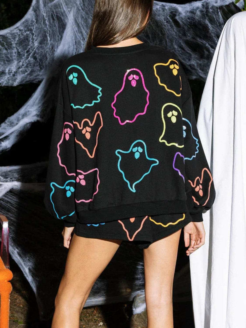 Ghost Printed Round Neck Long Sleeve Top and Shorts Set - Trendsi - Flyclothing LLC